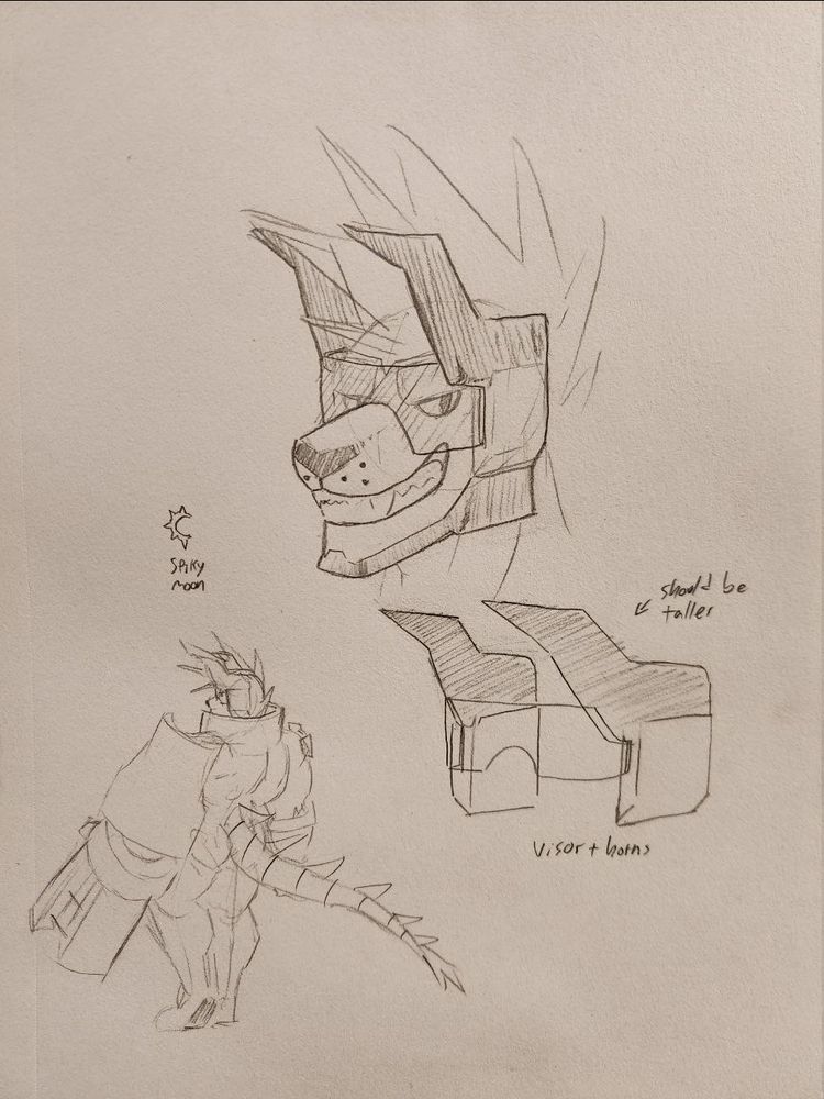 Sketches of DD.EXE, a netnavi sona. One is a shot of just his head, another is of his horns+visor, and another is a full body of him turned away from the camera.