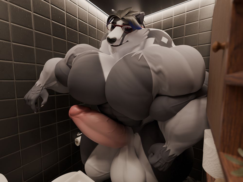 3D render of a hyper buff anthro badger man naked, dick hard, in a much too small single stall bathroom.

DDArtTag