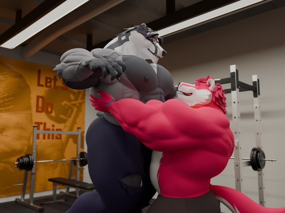 3D render of two very buff anthro badgers, the thicker and shorter red one is picking up the taller black/gray one. They are at a gym, with barbells and weights seen in the back.

DDArtTag