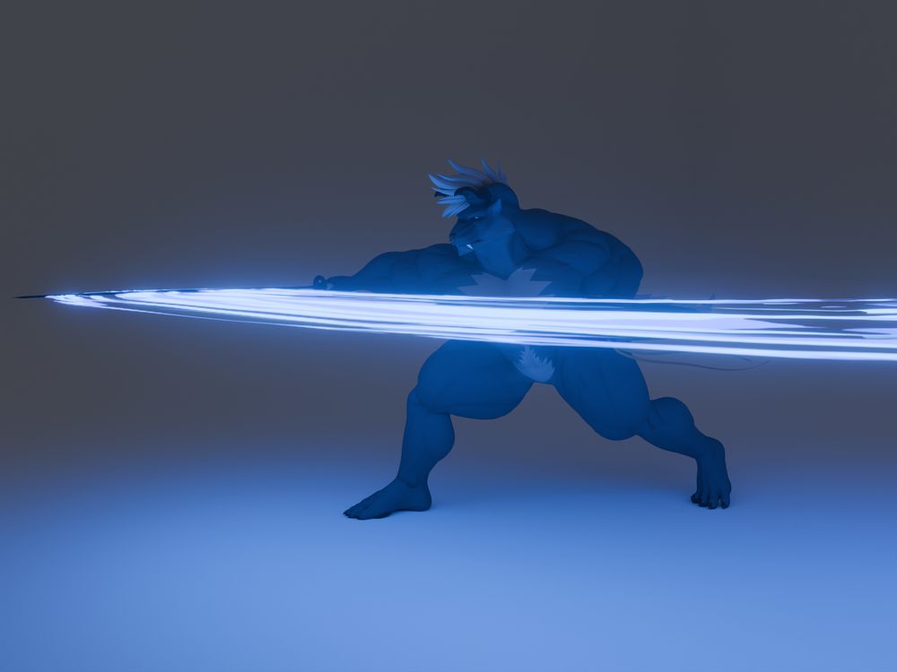 3D render of a buff anthro behemoth slashing with the Yamato from Devil May Cry. His slash leaves a glowing light blue trail.