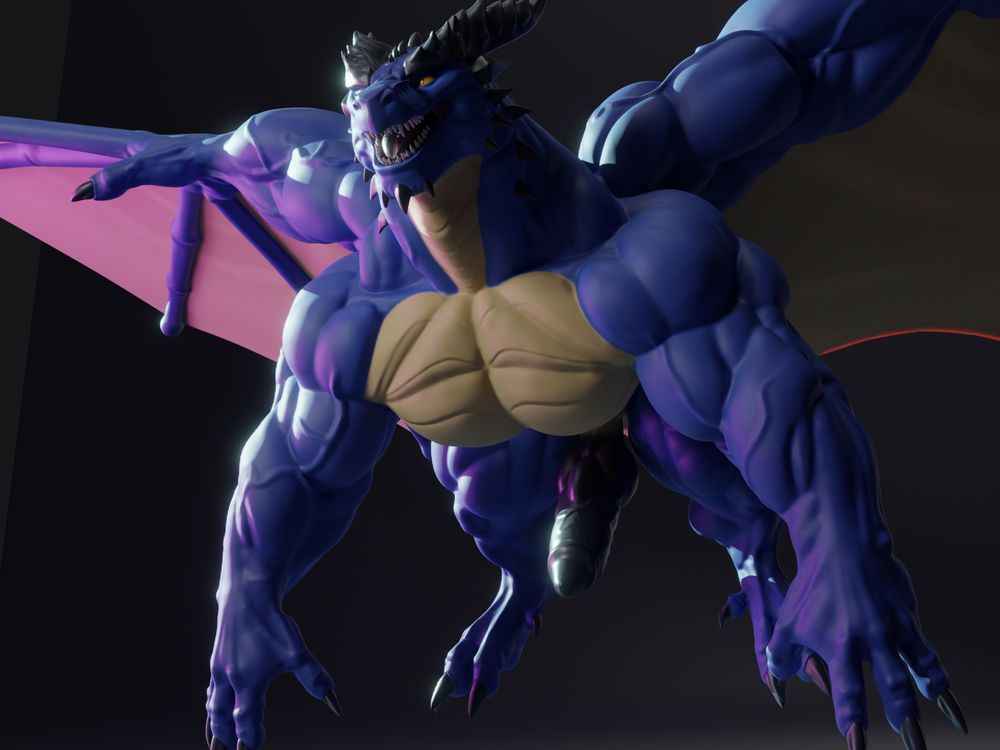 3D render of a very buff anthro dragon with his dick out