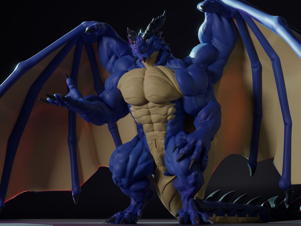 3D render of a buff anthro dragon standing on his hind legs, with one hand on his thighs, and the other extended. You can see a big-ass slit in his crotch