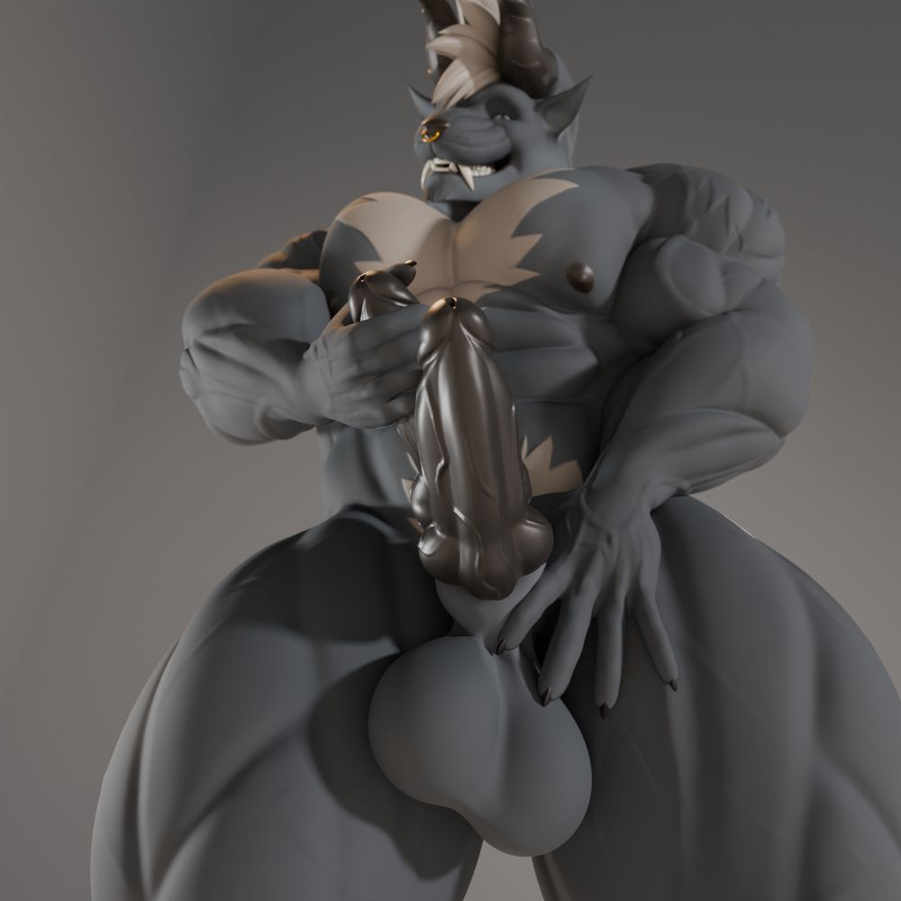 3D render of a huge buff anthro behemoth holding his pair of knotted dongs
DDArtTag