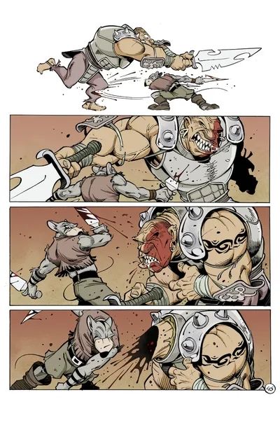 Page of Solo by Oscar Martin of a buff rat dude fighting a buff orc dude, who gets his head lopped off by the rat dude's sword