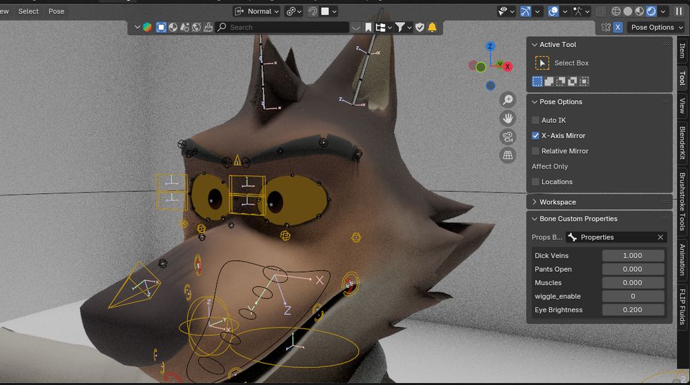 3D render of Mr Wolf with eyes that receive no shadows, but are darker.