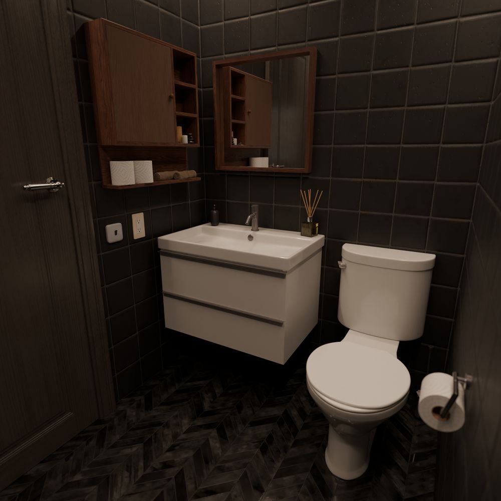 3D render of a single stall bathroom