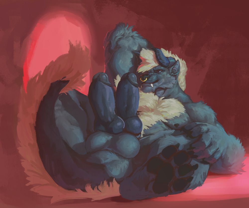 A buff anthro behemoth laying on the floor, with one arm behind his head, looking off to the side. His pair of cocks are out and erect, sitting atop his fat nutsack.

DDArtTag