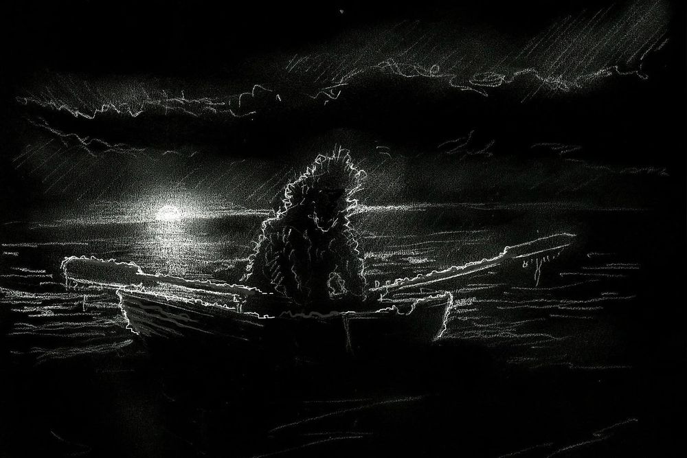 A humanoid shape appears in a boat on the water. An illustration for William Hope Hodgson's "The Voice in the Night."