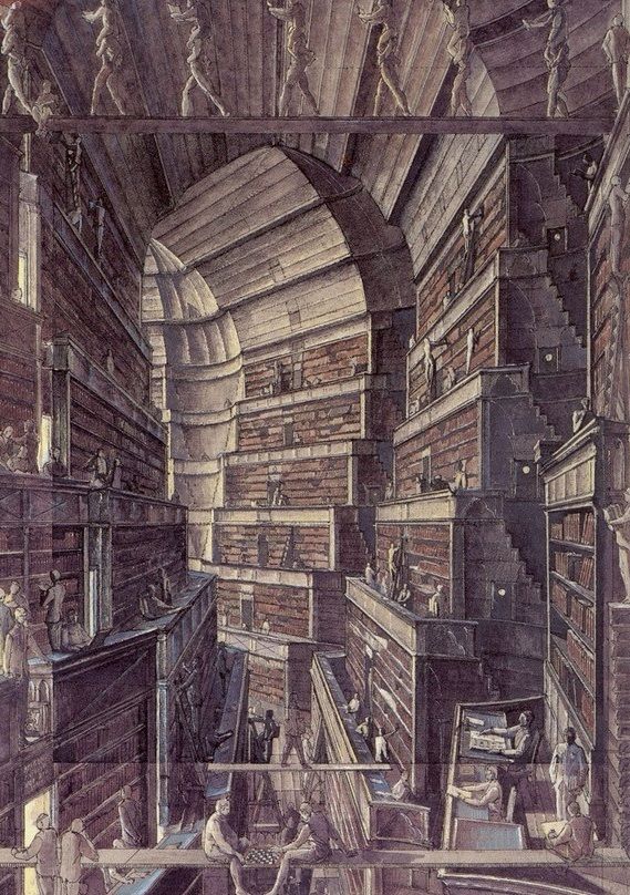 Numerous people move about in the impossible huge Library of Babel. Illustration by Érik Desmazières.