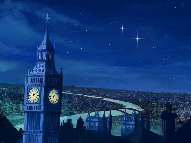 London with two stars twinkling in the sky. An image from Disney's animated "Peter Pan."