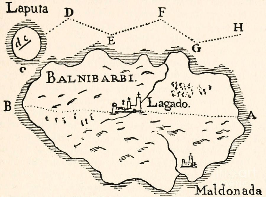 A map of the island of Balnibarbi, from "Gulliver's Travels" by Jonathan Swift.