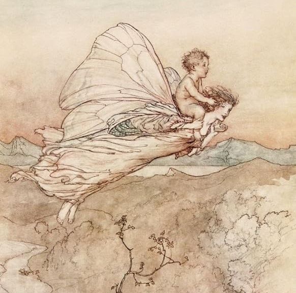 A fairy flying away with a human baby on her shoulders. Illustration by Arthur Rackham.