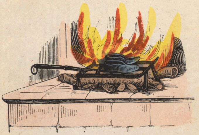 A picture of the Evil Queen's iron slippers heating in the fire.