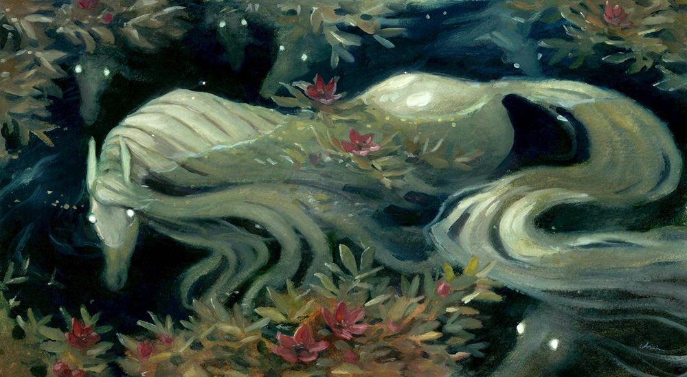 A water horse herd under a lake. A painting by Jaimie Whitbread.