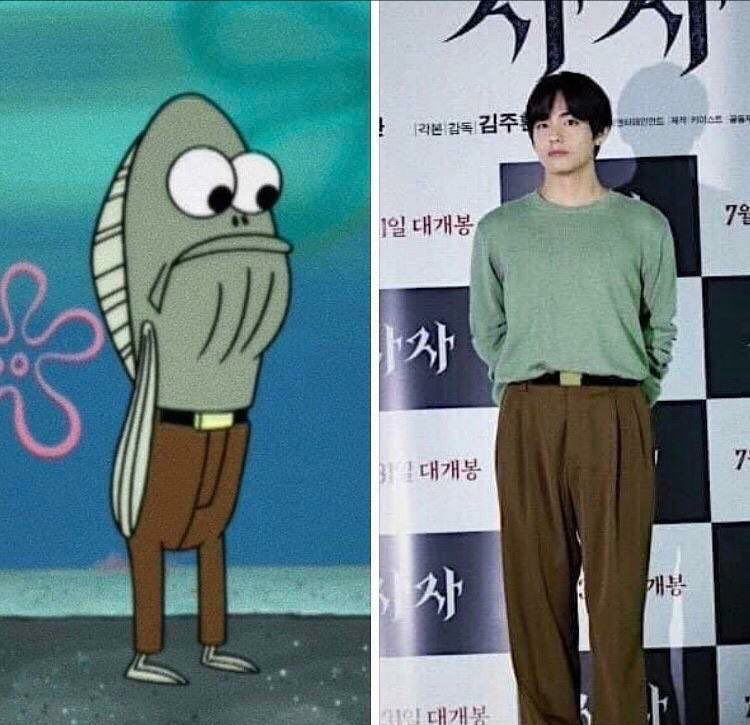 Left side image of a sage green fish from SpongeBob SquarePants (sorry don’t know if it’s a regular character or not) wearing brown pants and a belt with a rectangular buckle. Right side image of Taehyung wearing a sage green sweater and basically the same pants and belt.