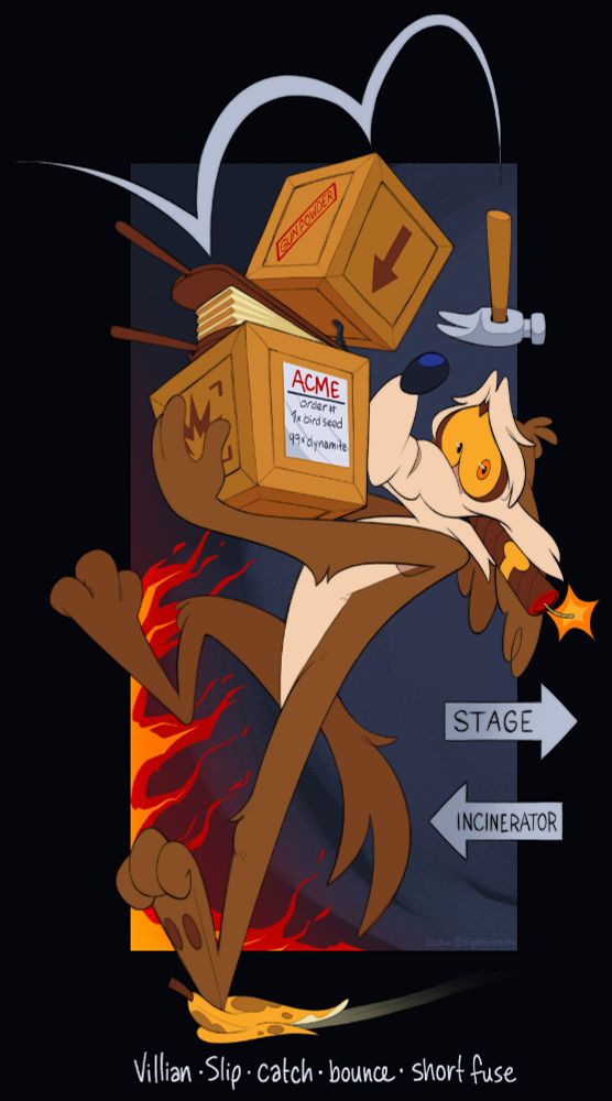 A drawing of Wile E. Coyote carrying an arm full of crates filled with bird seed and highly explosive gunpowder; a fireplace bellow is sandwiched between. Hanging out of his mouth is a lit stick of dynamite wrapped in cigar paper. A hammer (the same from day 1's drawing) is now bouncing off of the crates and tumbling down towards the coyote's head. He's actively slipping on a banana peel and hurling in the direction of a conveniently placed incinerator. A single sign indicates in the opposite direction is the main film stage.