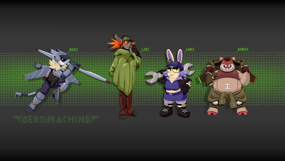 A spread of the key art for Bogey, Lady, Caret and Bandit from the game: AEROMACHINA.