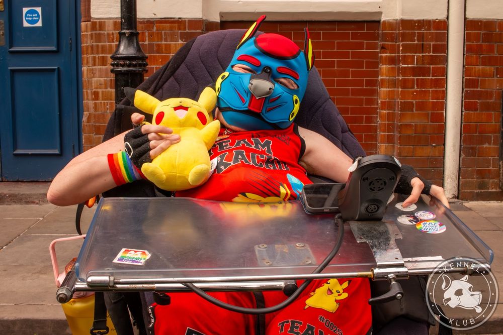 Full shot of a disabled pup in blue and red hood, wearing a red Pikachu-inspired basketball outfit 