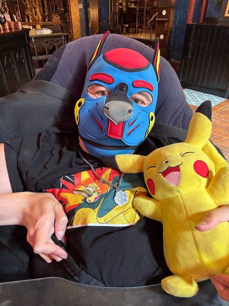 Disabled pup in a blue and red hood, holding a Pikachu plushie