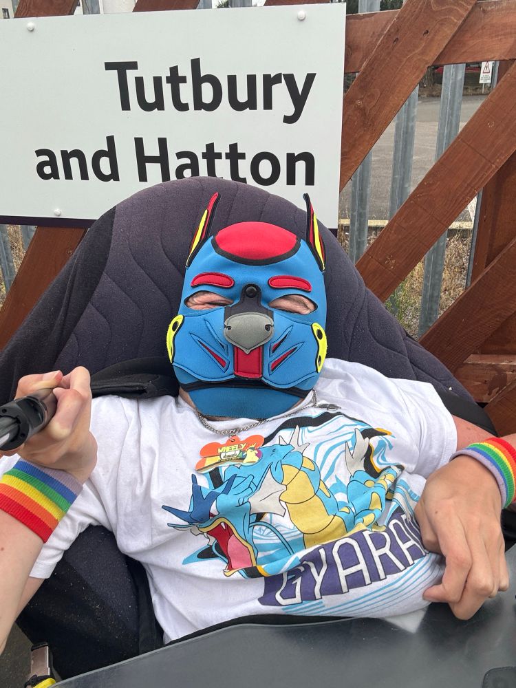 Disabled pup in a blue and red hood in front of a “Tutbury and Hatton” railway station sign on a wooden fence