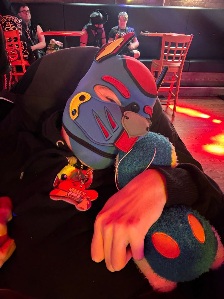 Disabled pup in a blue and red hood, hugging a Cyndaquil plushie