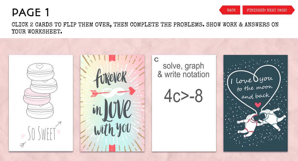 Four valentines with one open to flipped to show an algebraic inequality to solve. 