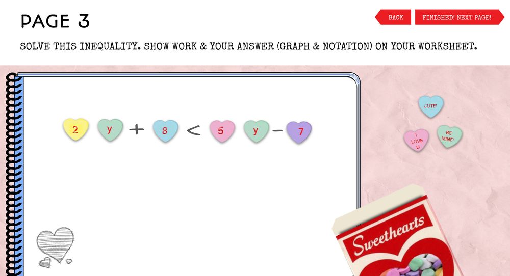 Candy hearts arranged to create an algebraic inequality.