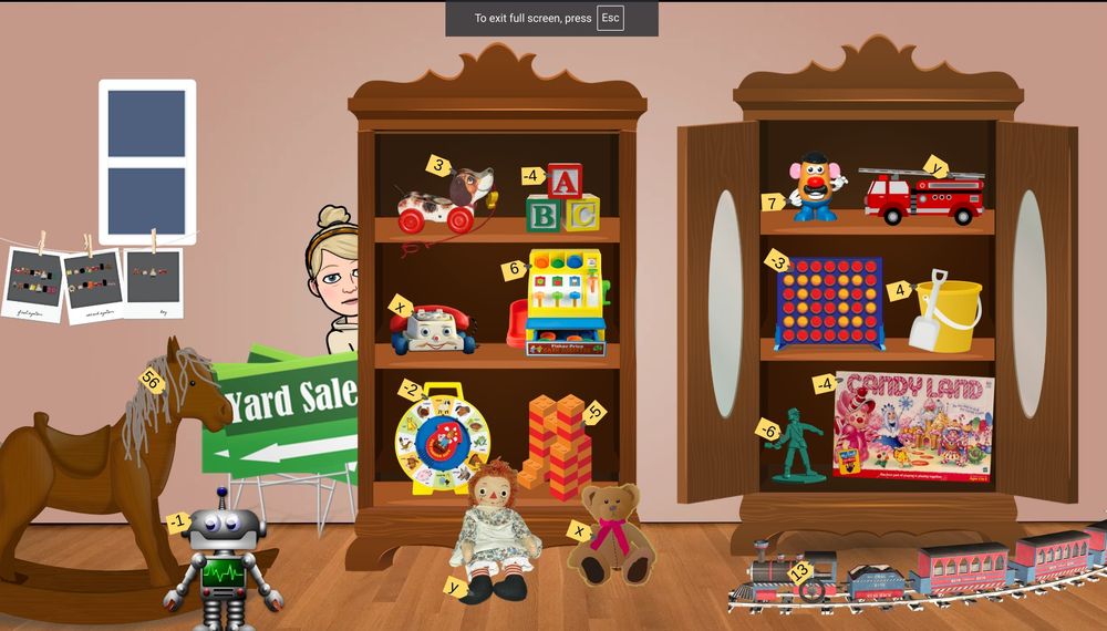 Bitmoji room background with a collection of toys.