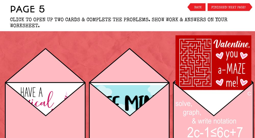 Three valentines envelopes with one open to show an algebraic inequality to solve. 