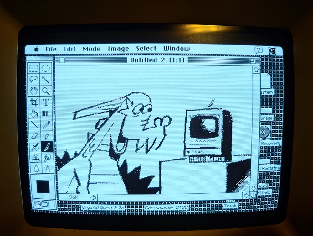 An illustration of a gator looking at a compact Macintosh with an amazed expression, drawn on a compact Macintosh 