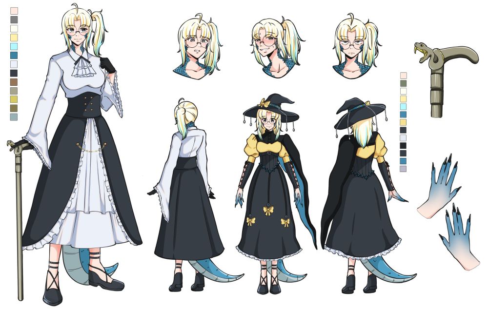 The reference sheet of the basilisk vtuber JitteryJane made by the vgen artist Hopesey