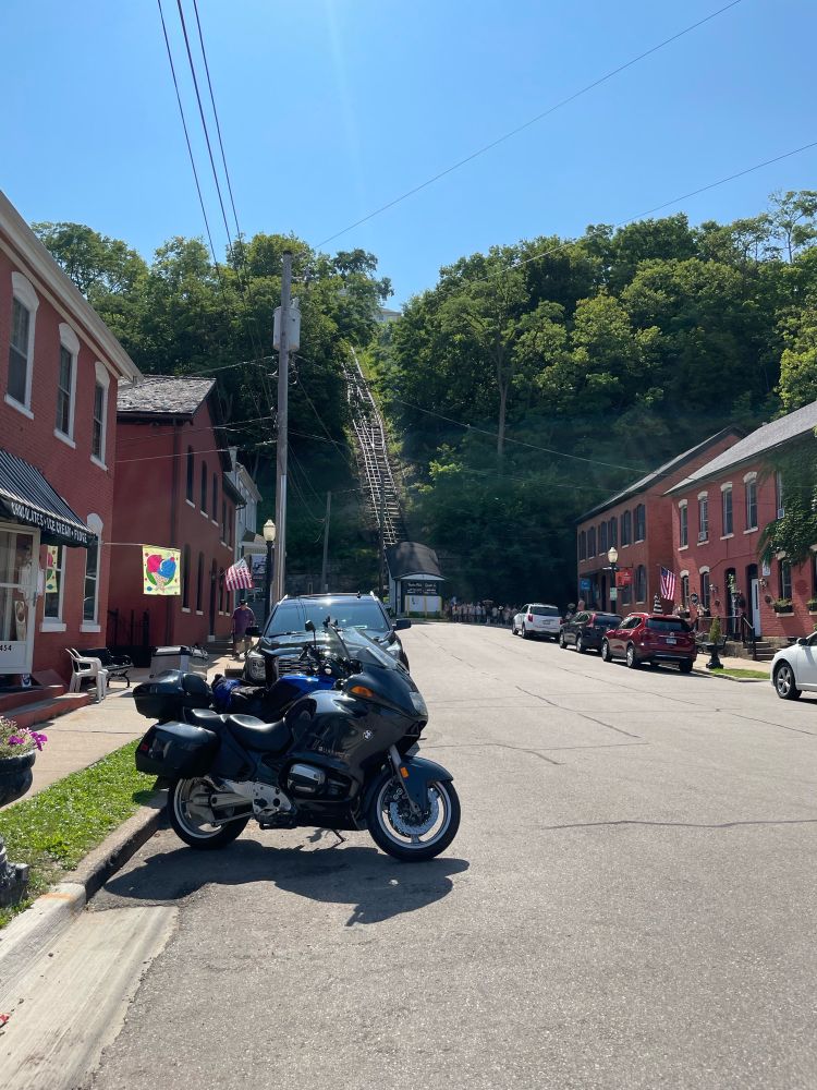 My BMW R1100RT parked in front of the historic Fenelon Place Elevator in Dubuque, Iowa
