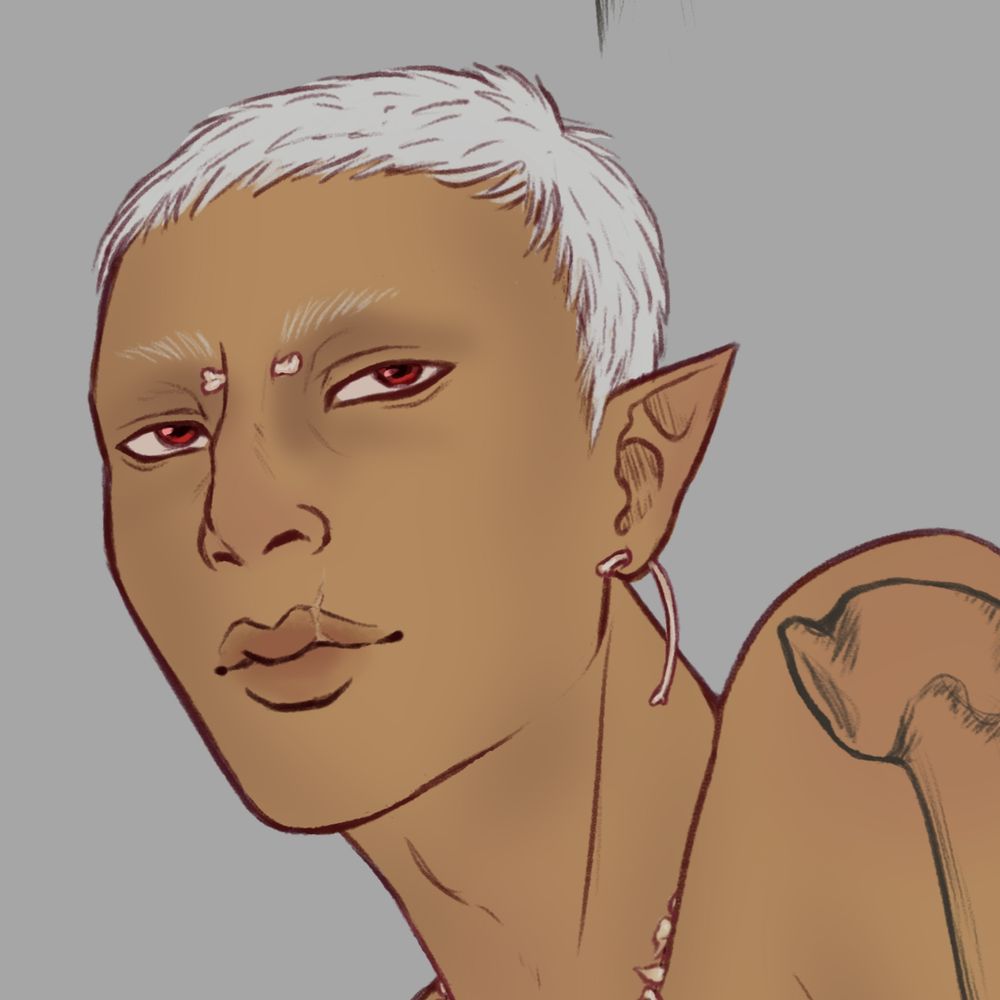 A man with olive toned skin, red eyes, a scarred lip, and piercings shaped like bones. He has short white hair. 