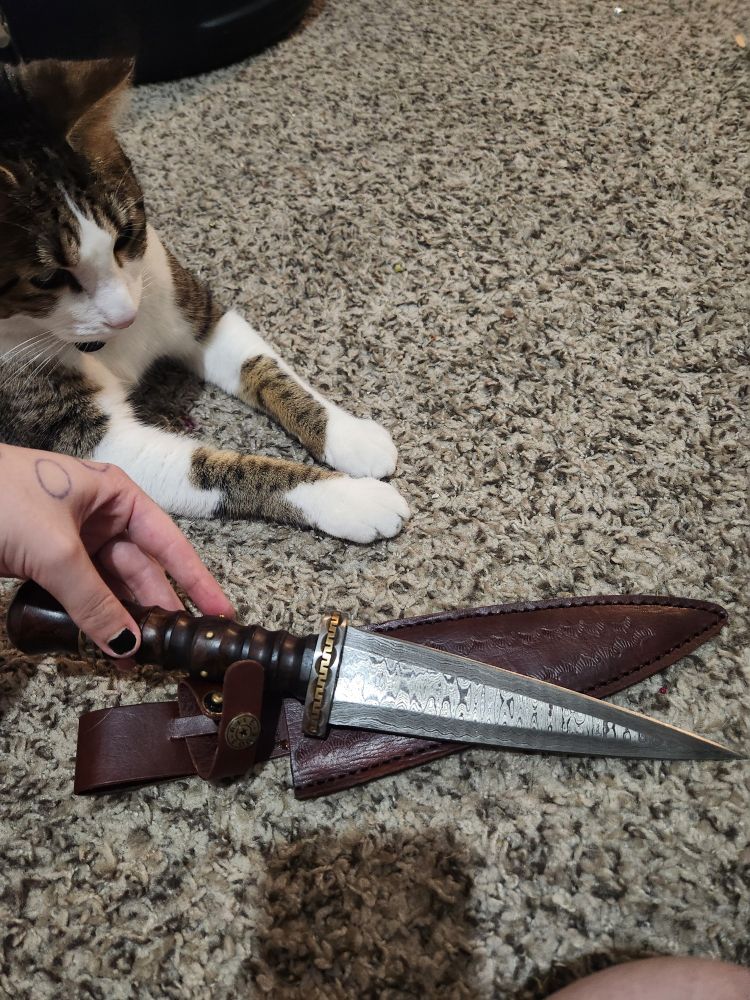 Emmy displays the knife out of the leather sheathe. The blade has a swirly look to the silver metal. 