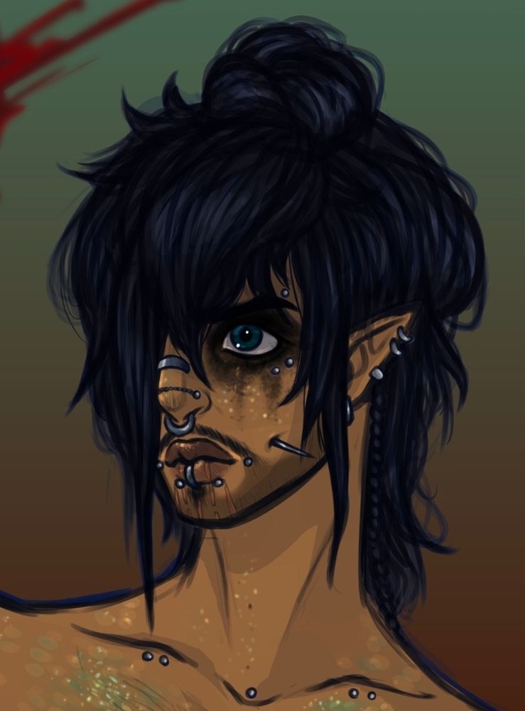 Digital art of a man with tanned skin that sparkles in areas, with black hair, numerous piercings and cobalt blue eyes