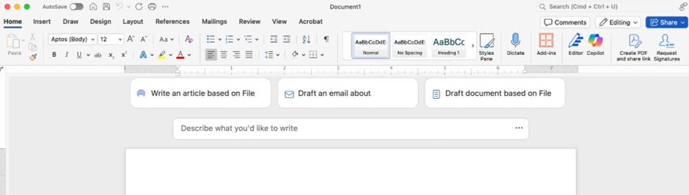 Header for MS Word, now with 3 AI prompts at the top: "Write an article based on File," "Draft an email about," " Draft document based on File," and a field with "Describe what you'd like to write." Appeared out of nowhere on the program.