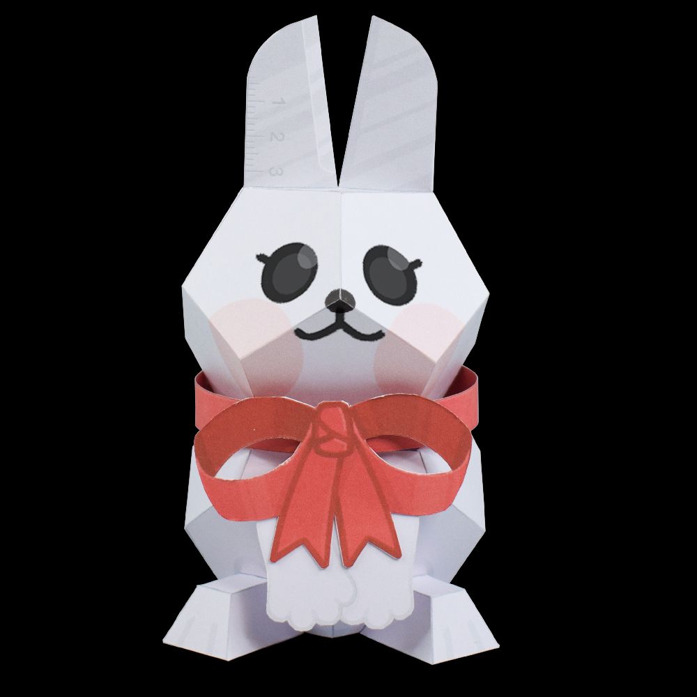 A papercraft rabbit looking happy