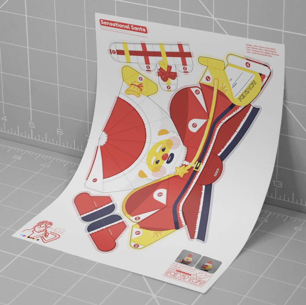 A photo of a papercraft depicting a cheeky looking Santa with yellow skin. 