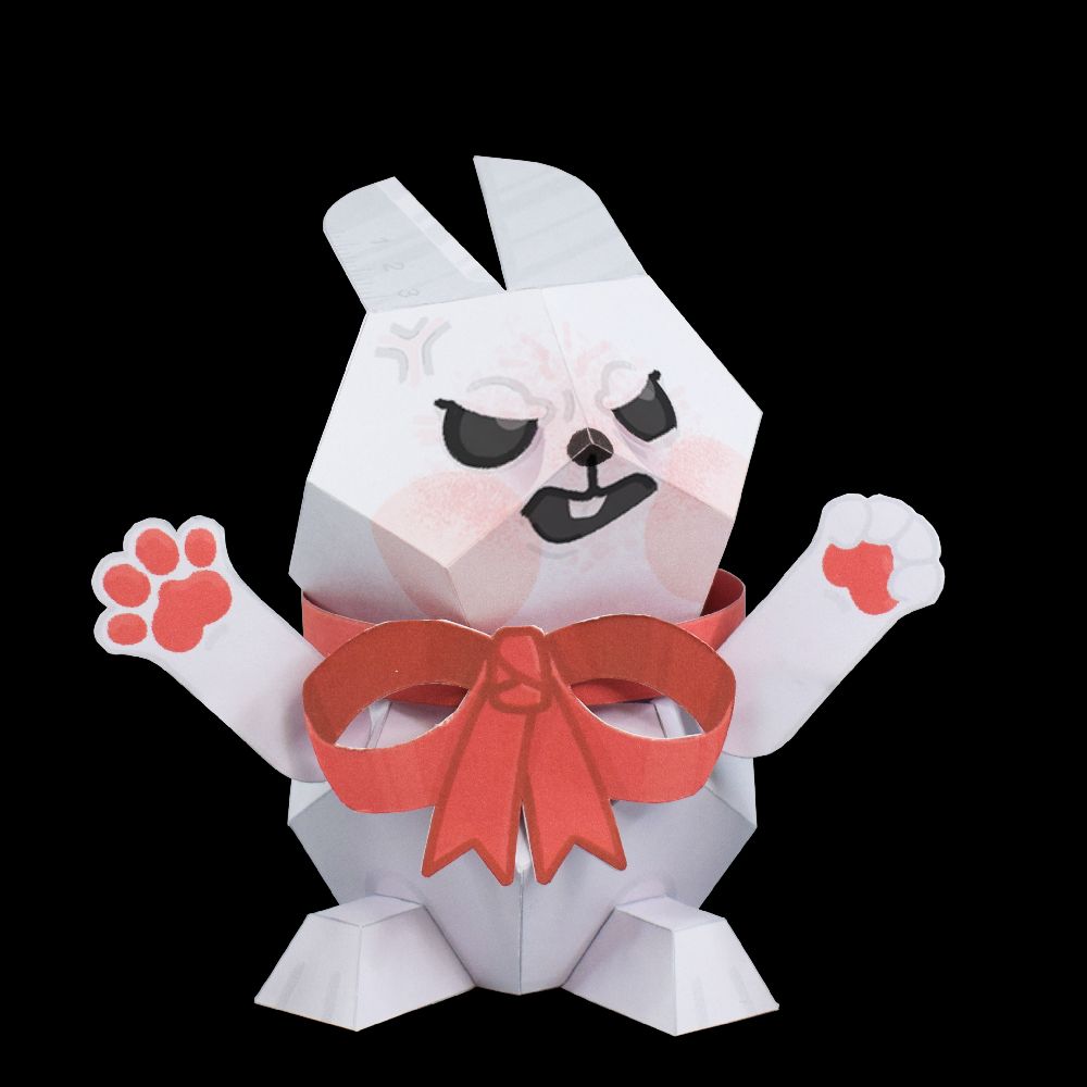 A papercraft rabbit looking angry