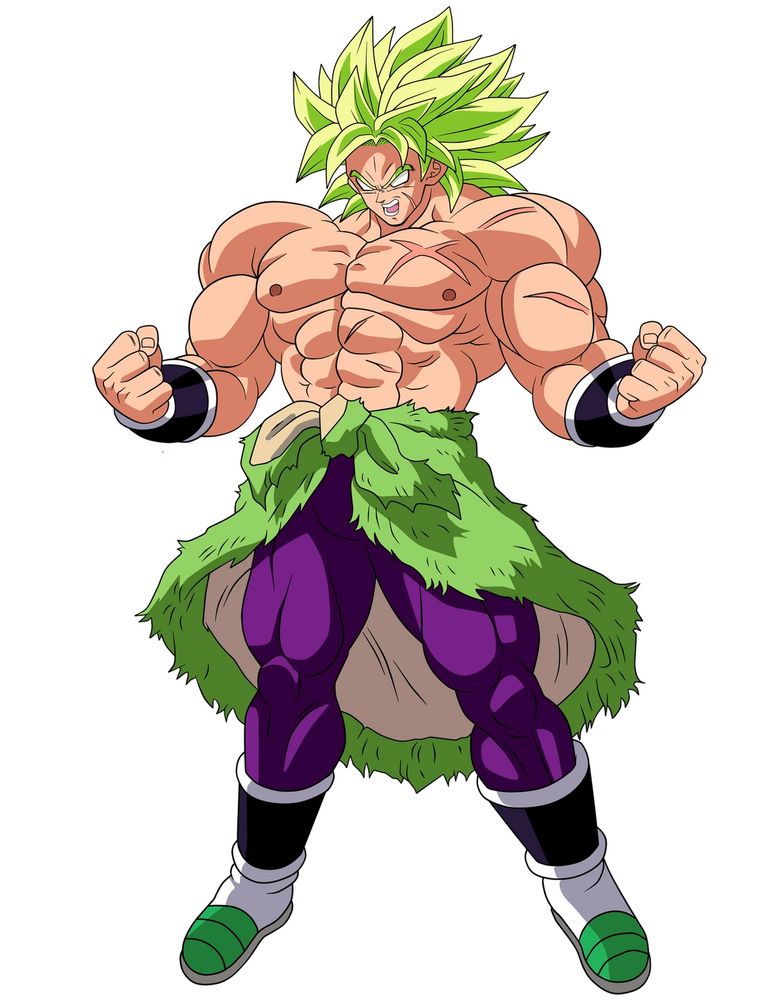 Picture of Dragon Ball Super character: Broly, a saiyan. He is buff as hell. Giant muscles. He has green hair.