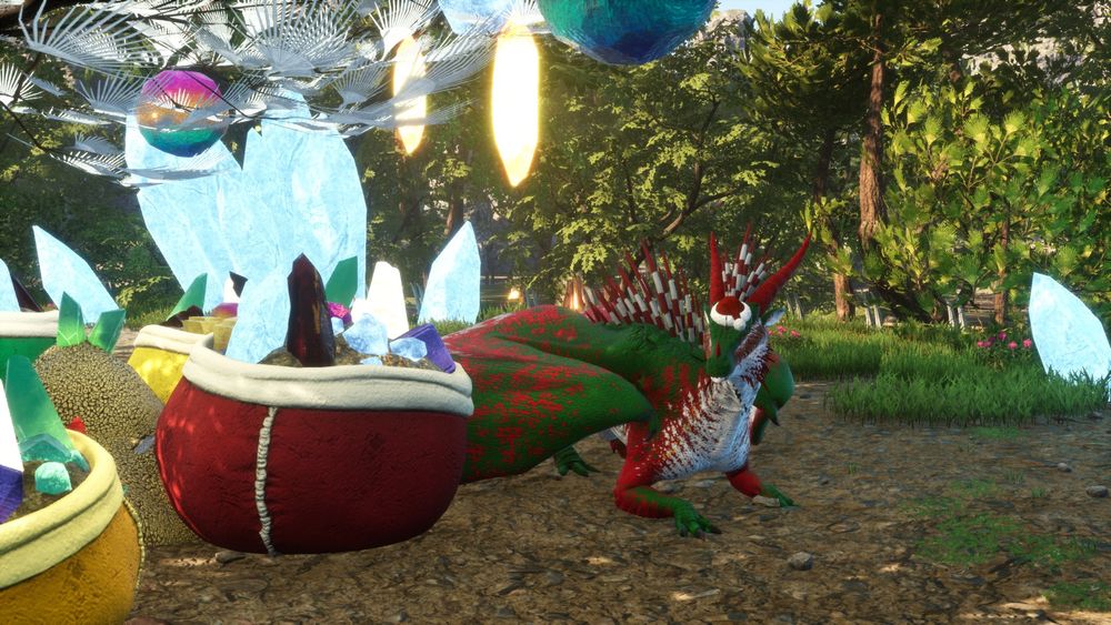 A Christmas themed dragon coloured Red, White and Green with a Santa hat on its head