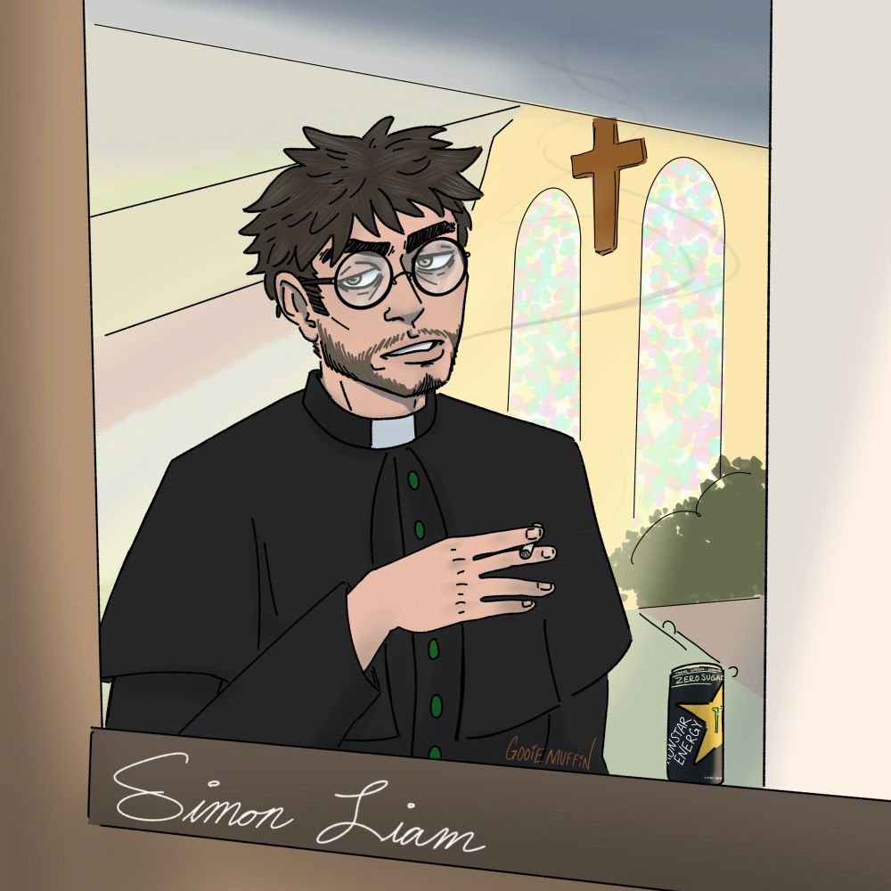 Digital color drawing of a priest with round glasses, spiky brown and gray hair with scruffy facial hair standing in a window on a balcony of a church with a cigarette between his fingers while smoke whips out of his mouth and an energy drink looking exhausted ala Ben Affleck in that one meme 