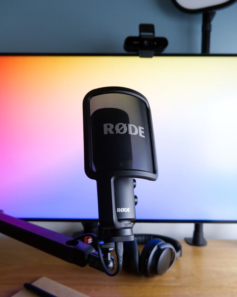 A black, desk-mounted microphone is positioned in front of a computer monitor that features a rainbow-gradient background. Also in frame are headphones, a notebook, a webcam and a desk-mounted key light.