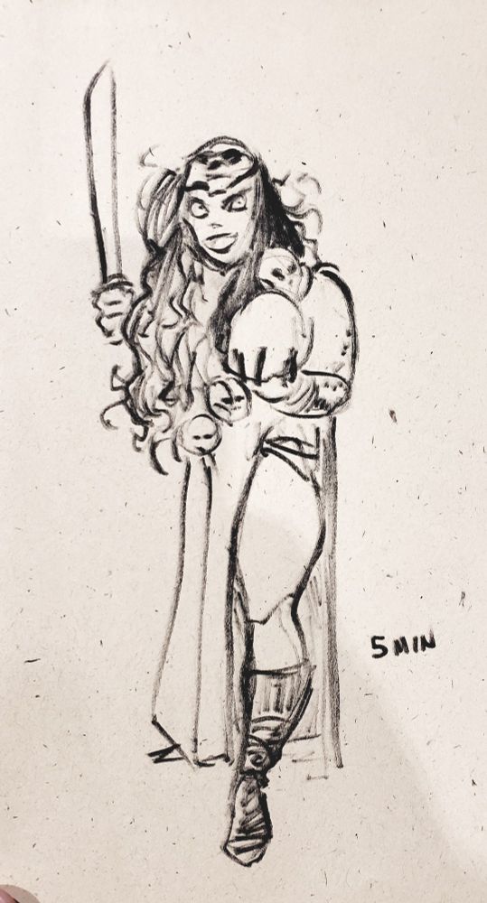 The same woman wearing, a necklace made of skulls, holding another oneninnher outstretched left hand and the blade in her right.  This is a marker drawing of a 5 minute lose