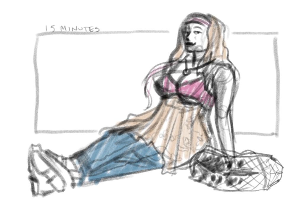 A 15 minutes sketch of Tory sitting, leaning back on her hands, legs stretched out, wearing a stereotypical boho outfit from the aughts.
