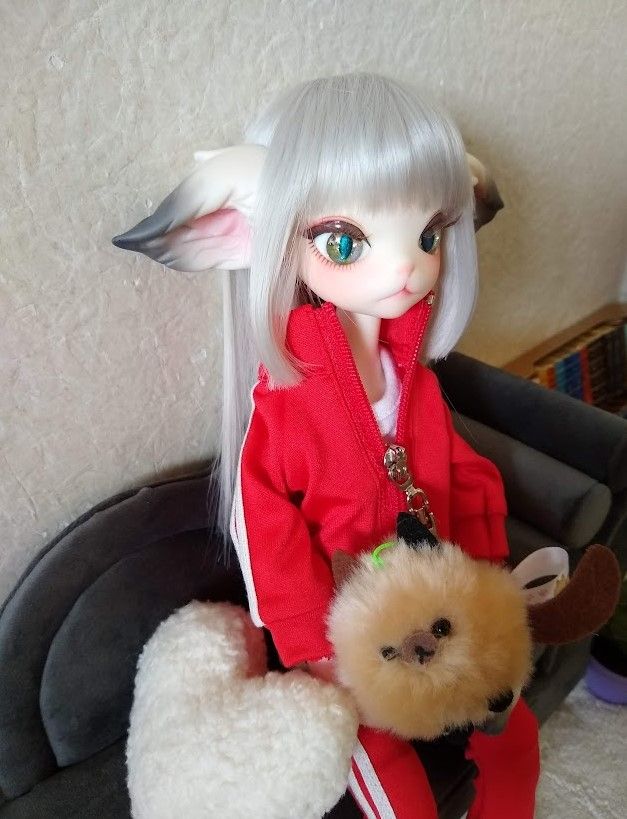 BJD Miss Kitty
ジャージ上下を着てソファに座っています。ジャージはnine9style製。
きらきらの猫目アイは個人ディーラーさん製の「しろのアイ」です。
ハートクッションは私が縫いました。