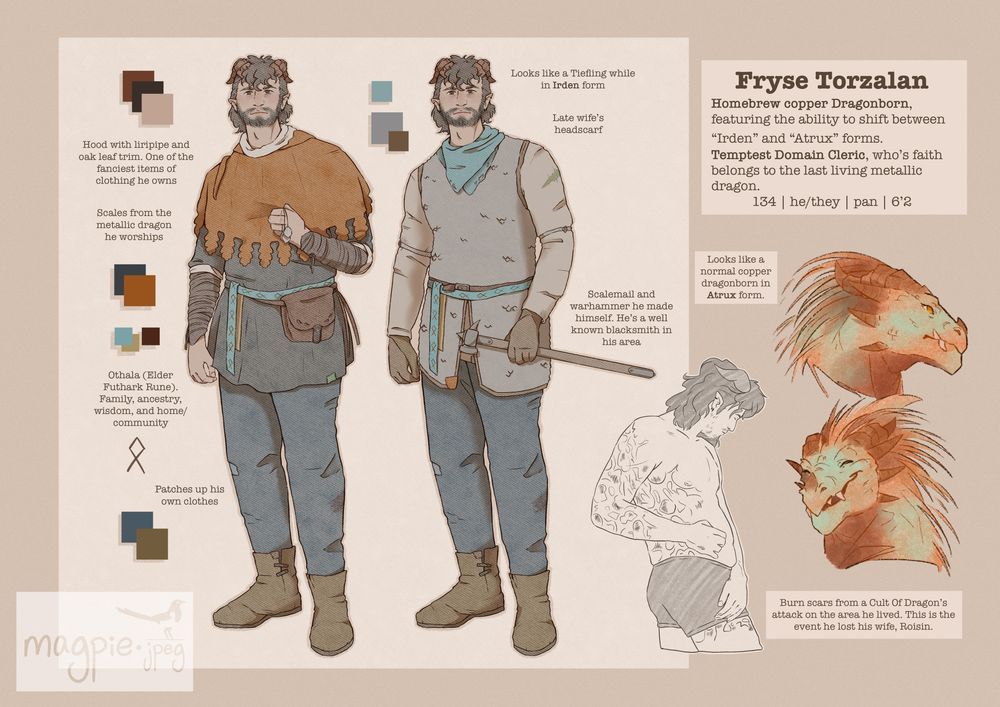 A character reference sheet including two medieval style outfits, colours, call-outs, body scars and a draconic form.