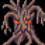 Pixel tree with no leaves, red eyes, and an angry mouth.