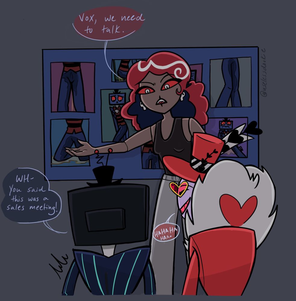 Velvette gesturing to a board covered in photos of Vox wetting his pants and saying “Vox, we need to talk.” Vox and Valentino are sitting in front of her with their backs to the viewer. Val is laughing and Vox is saying “WH- you said this was a sales meeting!”
