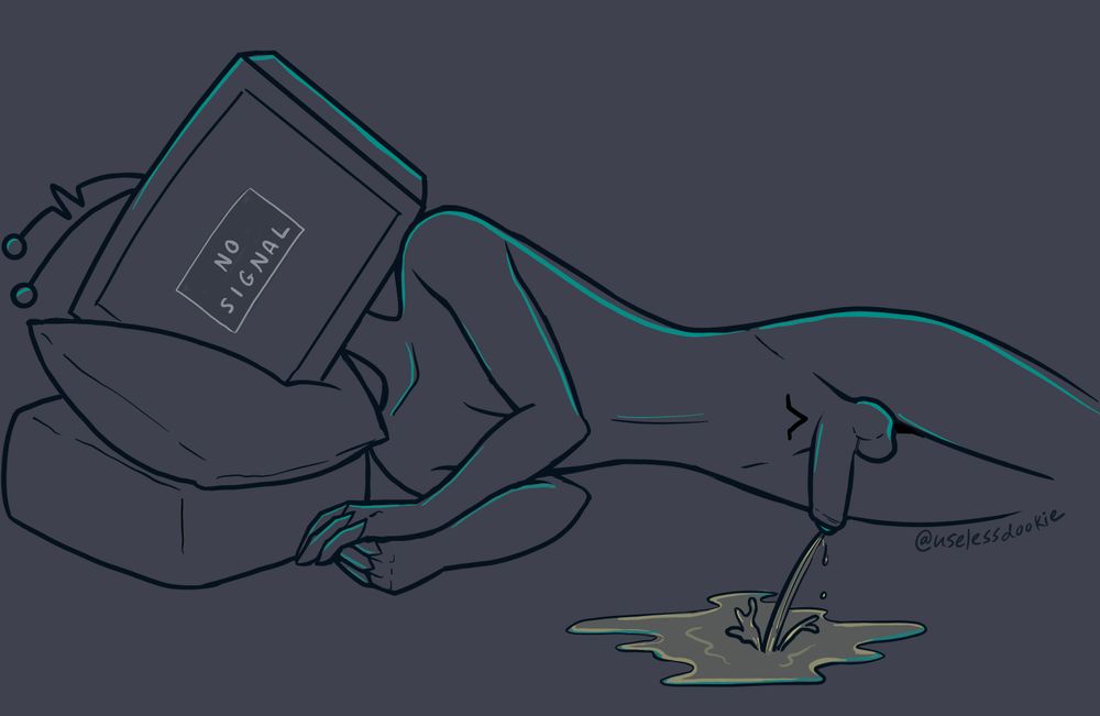 Line drawing of Vox lying naked on his side with his head on some pillows and arms curled up, blissfully unaware of the growing puddle of piss he is currently releasing. Screen says “no signal”